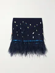 [STAUD] STAUD - Kristen Embellished Feather-trimmed Ribbed-knit Bandeau Top - Navy - medium medium Blue