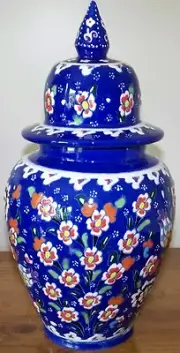 12"x6" Handmade & Handpainted Blue Turkish Iznik Ceramic Jar Canister Urn