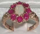 Solid 14k Rose Gold Natural Opal & Ruby Womens Cluster Ring - Sizes 4 to 12