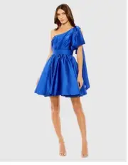 Mac Duggal 20690 Blue One Shoulder Bow Satin Mini Dress Size 4 Fit Flare Cocktai