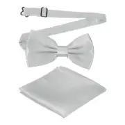 Bow Tie for Men, Adjustable Bow Ties with Pocket Square(Silver)