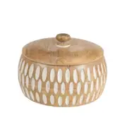 Willow & Silk Handmade 15cm Round Squat Trinket Box w/Whitewash Carving/ Decor