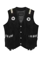 Western Suede Black Leather Vest Native American Beaded Fringe Cowboy Vest