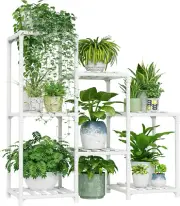 Indoor Plant Stand Outdoor White Shelf Bamboo Plant Table for Multiple Plants 3