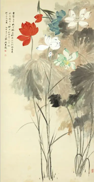 仿古畫名畫復制品張大千五色荷花畫心花鳥畫名人字畫水墨畫名畫| 銀聯網