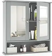 Giantex Bathroom Wall Cabinet with Mirror, Medicine Cabinet with 2 Doors, Adjustable Shelf and Open Compartment, Space Saver Storage Cabinet Wall Mounted (Grey)