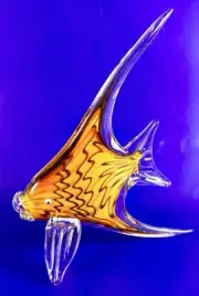Murano Style Art Glass Sculpture Angel Fish 11” Tall Yellow Orange Tangerine