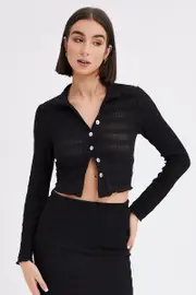 Black Crop Shirt Long Sleeve Collar Textured - Size 12, Women's Top