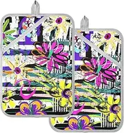 Pot Holder Sets for Kitchen Art Flowers Retro 70s Doodle Potholders for Kitchens with Pocket Hot Pot Holder Oven Pads 2 Pack