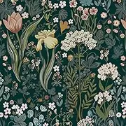 Reqfen Green Botanical Wallpaper, 41 cm x 3 m, Retro White and Yellow Flowers, Waterproof Vinyl Film, Leaves, Self-Adhesive for Living Room, Bedroom, Bathroom and Cabinet