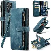 [ELEPIK] for Galaxy S22 Ultra Wallet Case with Card Holder, Kickstand, Wristlet for Women Men, Durable PU Leather Magnetic Wallet Phone Case for Samsung Galaxy S22 Ultra, Elegant Blue