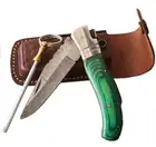 Handmade Green Wood Damascus Pattern Steel Pocket Knife Folding Hunting Camping