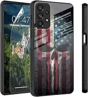 [CAPAUNVDA] Case for Samsung Galaxy A53 5G Tempered Glass Back Cover with Screen Protector,Shockproof Protection Phone Case for Samsung Galaxy A53 5G,Skull Flag