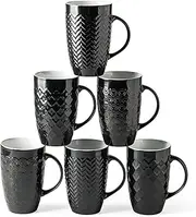 AmorArc Large Coffee Mugs Set of 6, 22oz Ceramic Tall Coffee Mugs Set with Textured Geometric Patterns for Latte/Tea/Beer/Hot Cocoa, Dishwasher & Microwave Safe, Black