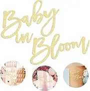 Gold Baby In Bloom Sign, Wooden16”x12” Baby Shower Party Sign with Gold Glitter for Boy/Girl Baby Shower Decorations Gender Reveal Backdrop Party Photography Background