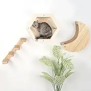 3-Piece Cat Wall Furniture Set - Hammock, Hexagon House, Climbing Steps - Wall Mounted Shelves, Perches, and Beds - Modern Design for Large Cats and Kittens & Spare Hammock Fabric Included