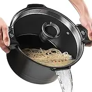 ACTIV CUISINE 5qt Pasta Pot with Strainer Lid, Cast Aluminum Stockpot Multipot, Nonstick Ceramic Coating make Cleanup easy with Tempered Glass Lid, Dishwasher Safe, Induction, Black