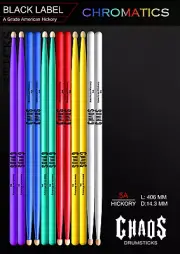 CHAOS 5A DRUMSTICKS - x6 PAIRS DRUM STICKS RED GREEN BLUE PURPLE YELLOW WHITE