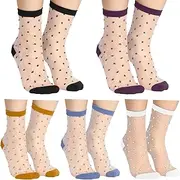 [Hariendny] 5 Pairs See-Through Colorful Striped Dot Ultra-Thin Glass Socks - Sheer Mesh Casual Lace Thin Fishnet for Women