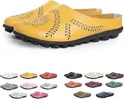 [ROCOTT] Women Casual Mules Hollow Summer Slippers, Lightweight Comfy Leather Backless Flat Mules Sandals Slip On Loafer Shoes (Color : Yellow, Size : 40)