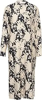 [KAFFE] Women's Shirt Dress Long Sleeves Round Neck Maxi Length Casual Fit, Black/Sand Graphic Cloud, 6