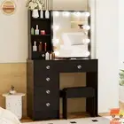 Dressing Table with Stool and 10 LED Lighted Mirror 6 Drawers Black Vanity Desk