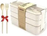 EZONEDEAL 3-in-1 Meal Prep Container 900ML Bento Lunch Box Kids Lunch Box For school with 3 Compartments Microwave & Dishwasher Friendly, Leak Proof, Includes Spoon & Fork, Bento Box,Lunchbox -Beige