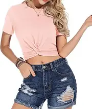[GRECERELLE] Summer Women's Short Sleeve T-Shirt with Knot Detail, Plain Letters, Crew Neck Top