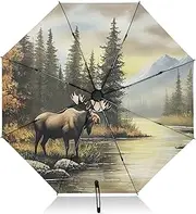 [PDZRMY] Moose Landscape Autumn UV Protection Travel Umbrella Compact for Rain and Sun - Auto Open and Close UPF 50+ Windproof Portable 46” Sun Umbrella for Women and Men