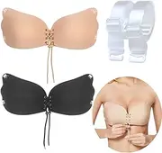 [BSITSSS] Pack of 2 Adhesive Bra, Backless Adhesive Bra Push Up Silicone Strapless Bra with 2 Transparent Bra Straps Backless Bra Without Straps Bra Strapless Backless Bra for Evening Dress Backless