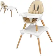 BABY JOY 5 in 1 High Chair, Convertible High Chairs for Babies and Toddlers/Booster Seat/Table and Chair Set, Infant Wooden Highchair w/ 5-Point Harness, 4-Position Removable Tray & PU Cushion (Khaki)