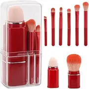 Small Makeup Brush Set - 8 in 1 Portable Travel Lip Brush, Highlight Brush, Eyeshadow Brush, Foundation Blending Powder Brush Retractable Mini Cosmetic Makeup Brushes - Red