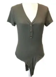 PINK ROSE Women's Button Detail Snap Closure Short Sleeve V Neck Body Suit Top