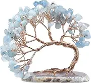 mookaitedecor Natural Aquamarine Crystal Money Tree Agate Slice Base Feng Shui Bonsai Crystal Tree for Wealth Luck Desk Decor, 3-4 Inch High