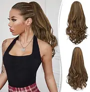 HAIR WALA™ Ponytail extension,16 to 18" claw clip hair extensions ponytail Wavy and curly hair Extension Natural Looking Ponytail for Women Brown with Golden Highlights Color, Matte Finish