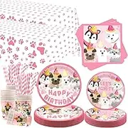 Dog Party Decorations, Pink Puppy Paw Birthday Party Tableware Supplies including 9" Dinner Plates, 7" Dessert Plates, Napkins, Cups, Straw,Tablecloth for Puppy Party Decorations -Serves 40