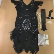Women's Size XL Black Sequin Fringe Flapper Dress & Accessory Set 9 Pieces NWT