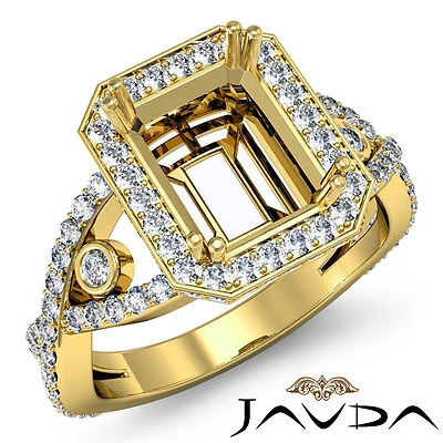 Cross Shank Pave Emerald Semi Mount Diamond Engagement Ring 14k Yellow Gold 1.5C