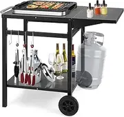 Giantex Outdoor Pizza Oven Stand Grill Cart with Wheels, Foldable Side Table, Gas Tank Hook, 4 Removable Hooks, Double-Shelf Movable Dining Cart Food Prep Worktable Trolley for Outside Kitchen BBQ