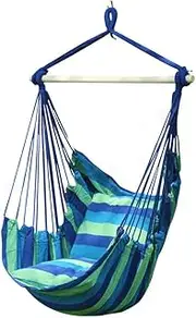 Garden Deluxe Hanging Hammock Chair Swing Outdoor/Indoor Camping Hammock Swing Chair with 2 Pillows (Blue+White)