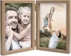 5x7 Double Picture Frames Hinged Wood Grain with Real Glass Stand Vertical on