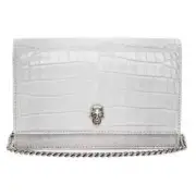 Alexander McQueen Skull Croc-Embossed Leather Chain Crossbody Light Gray