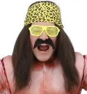90s Mens Wrestler Fancy Dress Wig Kit Brown wig Bandana Tash Glasses by Smiffys