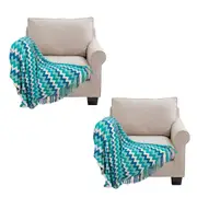 SOGA 2X 170cm Blue Zigzag Striped Throw Blanket Acrylic Wave Knitted Fringed Woven Cover Couch Bed Sofa Home Decor