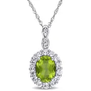 Oval Peridot, White Topaz and Natural Diamond Accent Frame Pendant in 14K White Gold - 17"