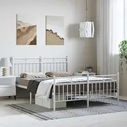 Metal Bed Frame 150x200 cm, Platform Bedframe with Headboard, White Steel Base, Queen Size, No Box Spring Needed, Low Floor Cama, Bed Frames for Mattress, Storage Beds