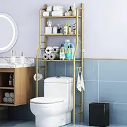 YUGXTH Over The Toilet Storage Shelf, Metal Storage Cabinet Over Toilet, Bathroom Organizer Rack with Hooks and Adjustable Feet, for Over Toilet Storage and Bathroom Shelf(Gold)