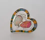 STUNNING FIERY PINK WHITE OPAL SPINY CHANNEL INLA Y SILVER HEART RING SIZE 6