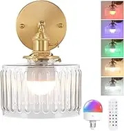 Shenmoyl Vintage Battery Operated Wall Sconce with Clear Striped Glass Lampshade 5000 mAh Rechargeable Battery Powered Wall Light with Remote Control for Bedside Bedroom Doorway