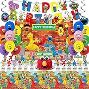 Sesame Friends Street Birthday Party Supplies, Party Decorations Set Include Banner, Backdrop, Balloons, Hanging Swirls, Cake Cupcake Toppers, Tablecloth for Boys Girls Sesame Theme Party
